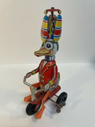 Vtg Tin Toy Wind Up Duck On Tricycle Propeller Hat Western Germany