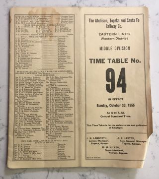 Vintage Railroad Employee Timetable Atchison Topeka & Santa Fe Rr Tt 1955 94