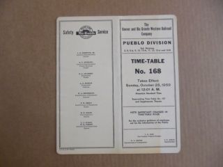 1959 Denver & Rio Grande Western Railroad Employee Timetable No 168 Pueblo Div.