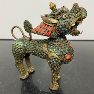 Vintage Tibetan Turquoise Coral Brass Foo Doo Dragon Scent Bottle Figurine