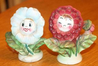 Vintage Py Japan Anthropomorphic Flower Face Salt & Pepper Shakers Pink & Blue