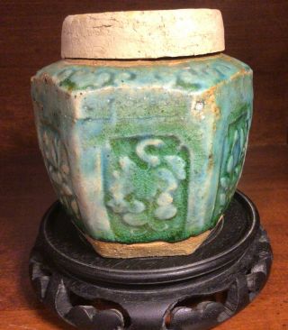 Antique Chinese Green Celadon Glaze Hexagonal Pottery Lidded Ginger Jar