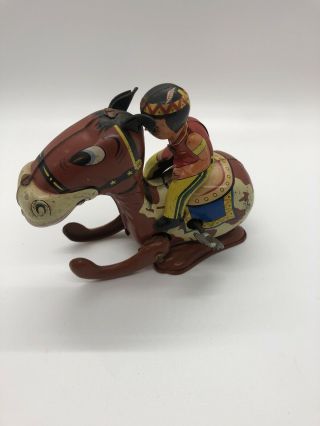 Vintage Mikuni Japan Wind Up Tin Litho Indian Galloping On His Horse With Ears