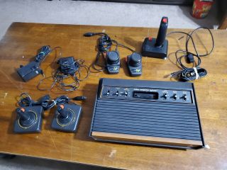 Vintage Atari Cx - 2600 Light Sixer Wood Grain Video Game Console Bundle
