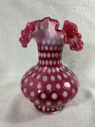 Vintage Fenton Opalescent Cranberry Red W White Polka Dots Ruffled 7 1/2” Vase