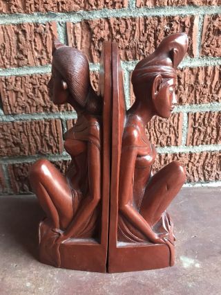 Vintage Hand Carved Bali Balinese Wood Figural Male Female Bookends Sculpture