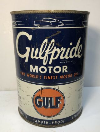 Vtg 1940s 50s Gulf Gulfpride Motor Oil 1 Quart Oil Can Tin Car Graphics