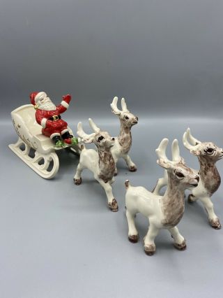 Vintage 1960’s Holland Mold Santa Sleigh And 4 Reindeer - Mid Century
