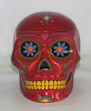 Large Day Of The Dead Mexican Skull Art Sugar Skull Red Cookie Jar