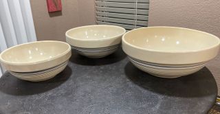 Vintage Marshall Pottery Texas Set Of Three Blue Stripe Ceramic Bowls 12 - 10.  5 - 9”