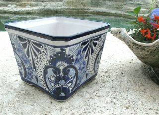Mexican Art Talavera Pottery Garden Bean Pot Flower Planter Blue Square 10x12 "
