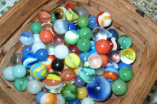 90 Antique Marbles - Estate Find Cat Eyes,  Akro,  Solids.  More Includes Shooters