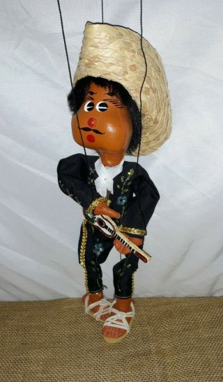 Guitar Marionette String Puppet Mexican Man Sombrero