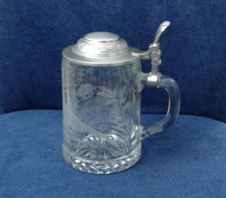Vintage Alwe Clear Glass Beer Stein - Etched,  Pewter Lid,  Nature Scenes