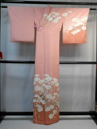 Japanese Kimono " Houmongi " Silk,  Poppy Field,  Family Crest,  Sign,  L63 ".  1832