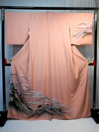 Japanese Kimono " Houmongi " Silk,  Gold /silver Leaf,  Mountain View,  L 65 ".  1796