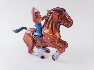 Vintage Mechanical Indian On Horse Wind Up Tin Toy Mtu Korea