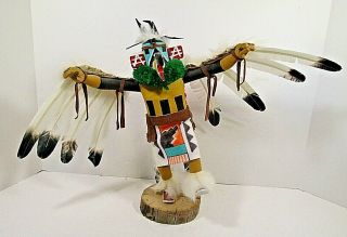 Navajo 12” Eagle Dancer Kachina Doll Sculpture Artist Signed Feathers Large