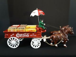 Vintage Cast Iron Coca Cola Horse Drawn Wagon With Driver Umbrella Coke Bottles