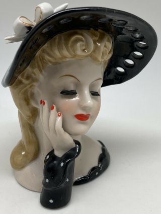 Vintage Lady Head Vase Napco Black Hat & Dress White Polka Dots C569b