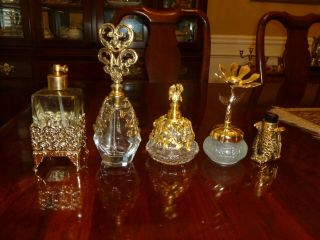 Set Of 5 (five_ Vintage Gold Perfume Bottles