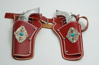 Vintage Western Kids Child Cowboy Dual Holster Cartridge Gun Belt - Red Leather