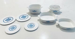 Vintage Corning Ware Plastic Play Toy Dishes Blue Cornflower 4 Casserole 4 Plate