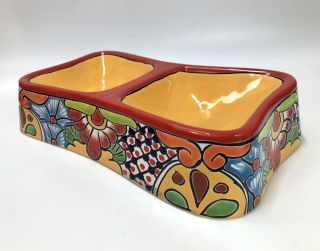 Talavera Double Dog Bowl Dish Handmade Mexican Pottery 13.  5” Colorful Ceramic