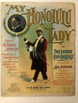 1898 Color Illustrated My Honolulu Lady Minstrels Sheet Music