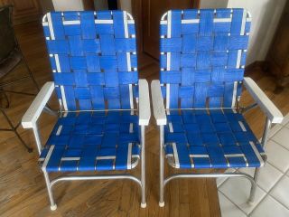 2 Vintage Sunbeam Aluminum Folding Beach Lawn Patio Outdoor Chairs Webbed Straps