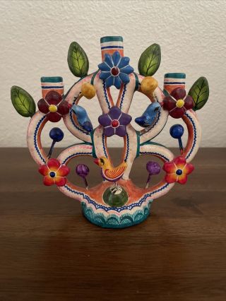 Vintage Small Mexican Tree Of Life Candelabra Birds,  Flowers Euc