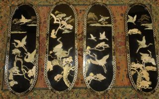 Vintage Set Of 4 Oriental Asian Black Lacquer Mother Of Pearl Wall Panels