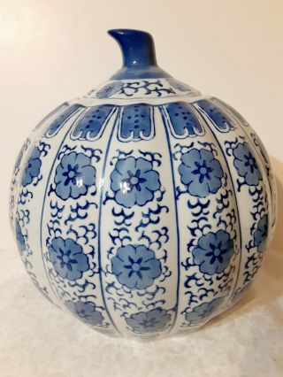 Porcelain Chinoiserie Flow Blue & White Pumpkin Shaped Ginger Jar - Large
