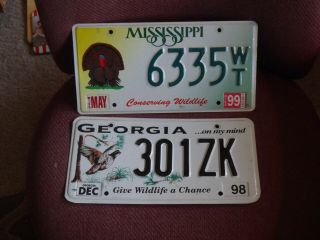 Georgia & Mississippi Wildlife License Plates (2) Turkey & Quail Bird Graphics