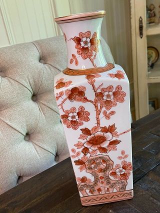 Vintage Norleans Japan Orange Blossom Flowers 14.  5 " Vase With Square Base
