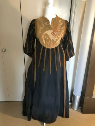 Mexican Vintage Vercellino Designs Black Striped Dress With Embroidered Peacock