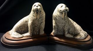 Rare Vintage Comoy’s Of London Scrimshaw Style Walrus Bookends Cond.