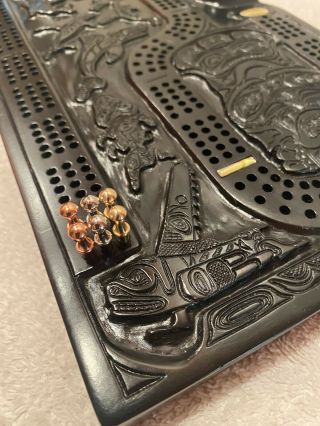 Vintage Pearlite Cribbage Board - Hand Crafted - Canada Haida Totem Pole w/ Pegs 2
