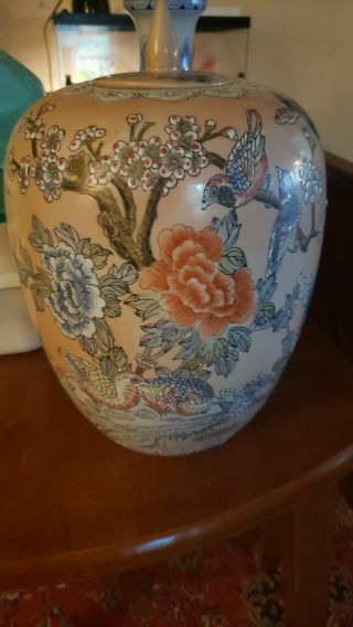 Oriental Accents Vintage Urn Style Lidded Vase Jar Chinese Pink Flowers Birds 2