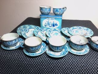 Vintage Wolverine Toys Child’s Kitchen Tea Set,  Dutch Blue Tin Bread Box