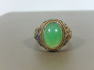 Antique Chinese Export Sterling Silver Jade Jadeite Guilloche Enameled Adj Ring