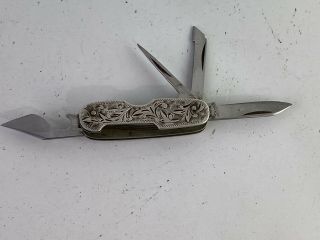 Vintage Japan Sterling Silver Etched Multi Tool Pocket Knife Oriental Stainless