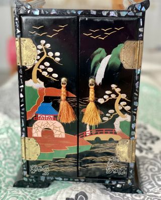 Vintage Japan Black Lacquered Hand Painted Music Jewelry Box Inlay