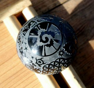Sphere Crystal Ball Obsidian Stone Engraved With Aztec Maya Symbols 8cm Deco