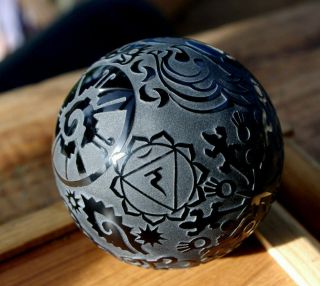 Sphere Crystal Ball Obsidian stone engraved with Aztec Maya symbols 8cm deco 2