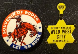 Vintage Tin Toy Deputy Marshal Star Badge & Cowboy Rodeo Pinback Button