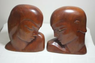 Vintage Carved Wood Woman Head Figures Statue Bookends Face Bust Art