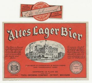 Tivoli Brewing Altes Lager Bier Label With Neck Irtp U Detroit Mi