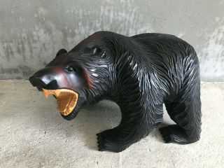 Japan Ainu Bear With Fish Hand Carved Wood Figurine Black Vintage