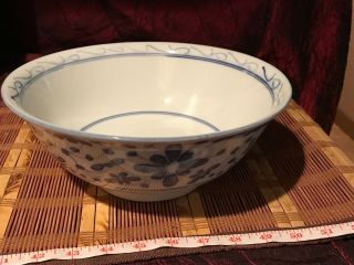 Vintage Asian Porcelain Blue & White Large Serving Bowl Floral Design 10 " X3 7/8 "